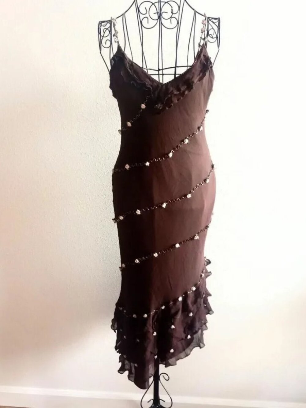 Y2K Brown Floral Beaded Silk Fairy Dress